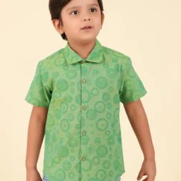 Fabindia Kids Green Cotton Hand Block Printed Shirt-image-70