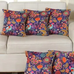Shadowkart Blue & Orange 5 Pieces Ethnic Motifs Printed Velvet Square Cushion Covers-image-16