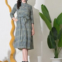 Sangria Women Chevron Printed Mandarin Collar A-Line Midi Dress-picture-55