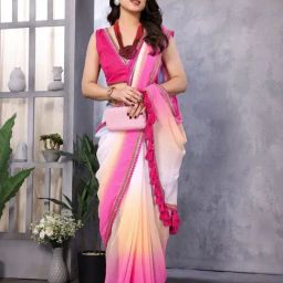 Odette Multi-Color Georgette Colourblocked Saree with Blouse-picture-35