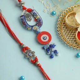 Aapno Rajasthan Red & Blue Floral Evil Eye Bhaiya Bhabhi Rakhi-image-97