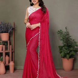Odette Red Silk Textured Saree with Blouse-picture-2