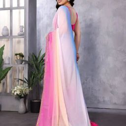 Odette Multi-Color Georgette Colourblocked Saree with Blouse image 2