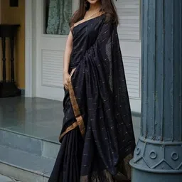 AQUILIQ Women Black Silk Cotton Woven Design With Zari Banarasi Saree-image-99