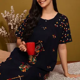 Moda Rapido Women Pure Cotton Round Neck Printed Maxi Nightdress-picture-23