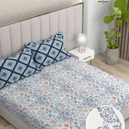 Pure Decor White & Blue Ethnic 180 TC Cotton Fitted Double King Bedsheet Set 1.8 m x 1.9 m-picture-11