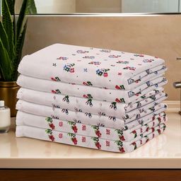 Aura White & Red 6 Pieces Floral Printed Cotton 350 GSM Bath Towels-image-97
