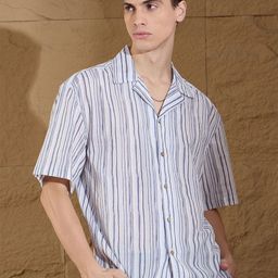 DENNISON Men Smart Cuban Collar Vertical Striped Cotton Casual Shirt-image-44