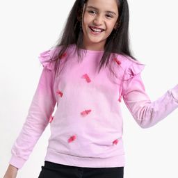 Pine Kids Cotton Knit Full Sleeves Bio Washed Sweatshirt Butterfly Applique - Pink-image-68
