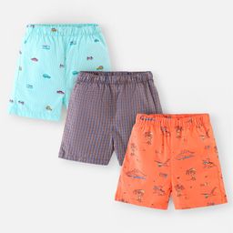Babyhug Cotton Boxers Checks & Dino Print Pack of 3- Orange & Blue-image-61