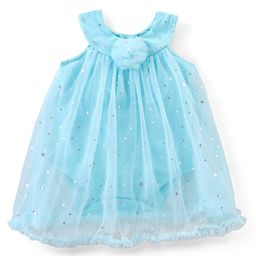 Babyhug Cotton Knit Sleeveless Party Wear Frock Style Onesie with Floral Corsage & Star Sequin Embellished - Blue-image-90