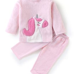 Babyhug Velour Knit Full Sleeves Winter Wear Night Suit with Unicorn Applique - Pink-image-86