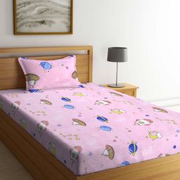 Arrabi Red Floral TC Cotton Blend Single Size Bedsheet with 1 Pillow Cover - Pink-image-93