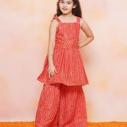 AJ Dezines Sleeveless Bandhej Designed & Gota Lace Embellished Coordinating Kurta & Sharara Set - Red-image-73
