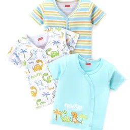 Babyhug 100% Cotton Knit Half Sleeves Vests Dino & Stripe Print Pack of 3- Blue & White-picture-14