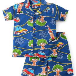 Babyhug Interlock Knit Half Sleeves Night Suit with Car Print - Blue-image-49