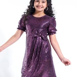 Hola Bonita Knit Puff Sleeve Side Cowl Sequinned Party Frock With Bow- Purple-image-96