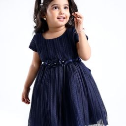 Babyhug Cap Sleeves Fit & Flare Party Frock with Floral Applique - Navy Blue-image-51