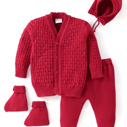 Babyhug Knitted Full Sleeves Baby Sweater Set with Cap & Booties Cable Knit Design - Red-19