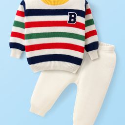 Babyhug KnittedFull Sleeves Pullover Striped Sweater Set - White Red & Green-picture-41