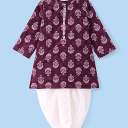 Babyhug Woven Full Sleeves Floral Printed Kurta Dhoti  Set - Wine-image-87