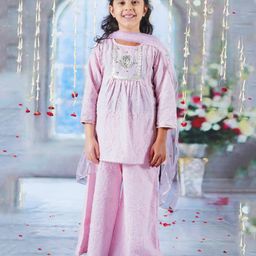 Little Bansi Cotton Three Fourth Sleeves Floral Embroidered & Lace Embellished Kurta Palazzo & Dupatta - Pink-picture-45