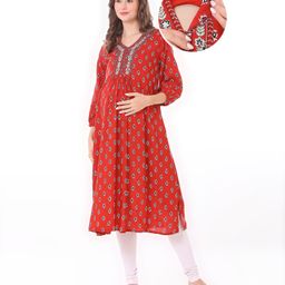 Bella Mama Woven Embroidered Yoke Three Fourth Sleeves Maternity Kurta With Pocket - Rust-image-55