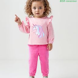 Babyoye 100% Cotton Knit Full Sleeves Winter Wear Suit With Frill Details & Unicorn Print - Light Pink-picture-21