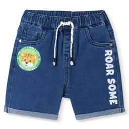 Babyhug Mid Thigh Length Washed & Stretchable Denim Shorts With Animal Print Detailing - Blue-image-26