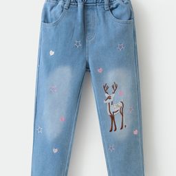 Kookie Kids  Denim Full Length Distressed  Jeans with Reindeer Embroidery - Blue-image-59