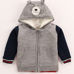 Babyhug Knitted Full Sleeves Front Open Hooded Sweater With Dino Applique - Charcoal Grey-picture-1