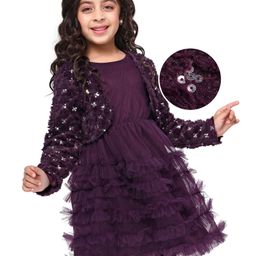 Hola Bonita Knit Knee Length Glitter Mesh Party  Frock with Sequined Shrug - Wine-picture-19