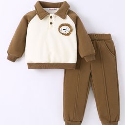 Kookie Kids Full Sleeves Winter Wear CollaredSweatshirt & Lounge Pant Set with Lion Patch - Brown-image-57