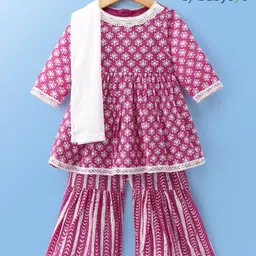 Babyoye Cotton Woven Three Fourth Sleeves Kurta Gharara Set with Dupatta Floral Print - Fuschia-picture-31