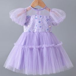 Kookie Kids Half Sleeves Tiered Party Frock With Sequin Detailing - Purple-image-91