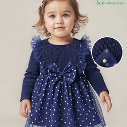 Babyoye Woven Full Sleeves Glitter Printed Party Frock with Bow Applique & Frill Detailing -Navy Blue-picture-16