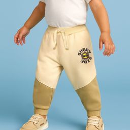 Babyoye 100% Cotton Terry Knit Full Length Lounge Pant With Text Print & Cut & Sew Design- Cream-picture-1