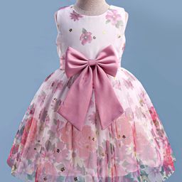 Mark & Mia Woven Sleeveless Party Dress with Floral Print & Bow Applique - Pink-image-81