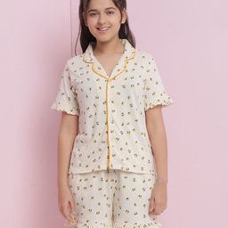Lil Tomatoes Cotton Jersey Knit Half Sleeves Lemon Printed Coordinating Night Suit Set - Cream-image-10