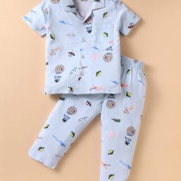 Smarty Boys Sinker Knit Full Sleeves Front Open Co-ords Night Suit With Space Theme Print - Light Blue-image-19