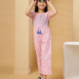 Budding Bees Cotton Half PuffedSleeves Floral Printed Smocked Jumpsuit - Pink-image-80