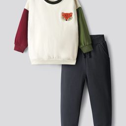 Bonfino Cotton Knit Full Sleeves Fleece Sweatshirt With Colour Block & Jogger Set - Off White & Black-image-40