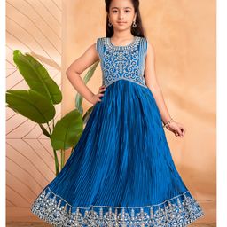 Aarika Silk Woven Sleeveless Floral Embroidered & Mirror Work Detailed Gown - Teal Blue-image-86