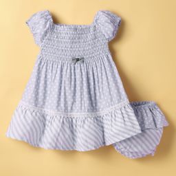 Dew Drops Cotton Knit Half Sleeves Smocked Frock & Bloomer with Polka Dots - Light Grey-image-69