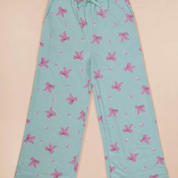 Kiddopanti Cotton Knit Floral & Bow Printed Pajama - Pista Green-image-1