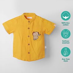 Greendeer 100% Softner Washed Muslin Cotton Woven Half Sleeves Baby Elephant Embroidered Shirt - Yellow-image-74
