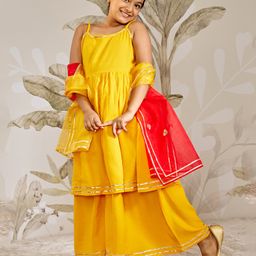 Vastramay Rayon Woven Sleeveless Lace Detailing Kurta Palazzo Set With Dupatta - Mustard-image-2
