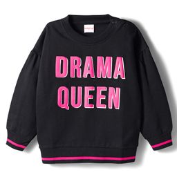 Babyhug Cotton Knit Full Drop Shoulder Sleeves Sweatshirt with Drama Queen Text Print - Black-picture-24