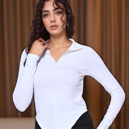 IUGA Women Solid Shirt Collar Crop Top-image-81