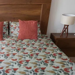 HARYANA HOOPS White & Red Floral Cotton 300 TC King Bedsheet Set 2.77m x 2.75m-image-64